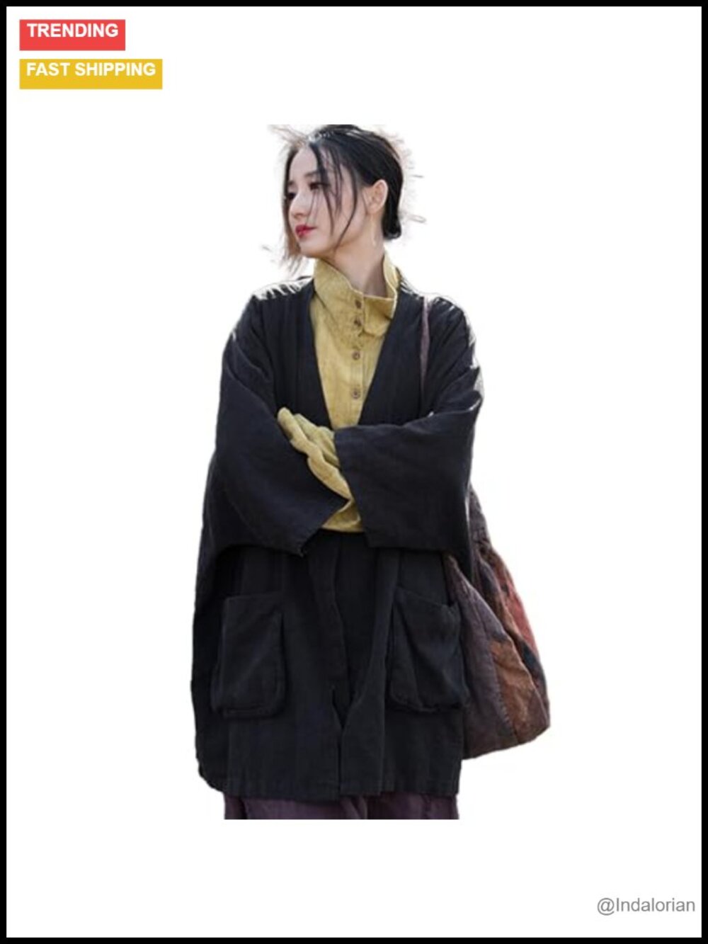 Ramie Loose Fit Kimono Cardigan Oversized Open Front With Pockets